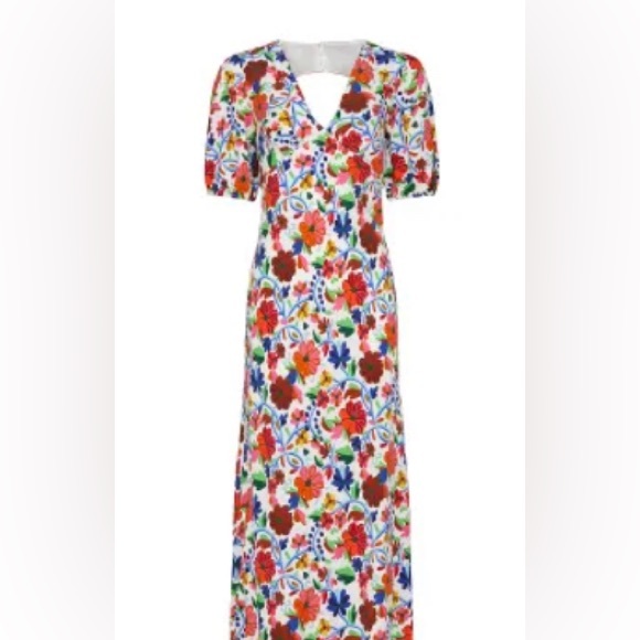 RIXO Steph floral cut out puff sleeve midi dress cream multicolor retro size 6 - Picture 5 of 16